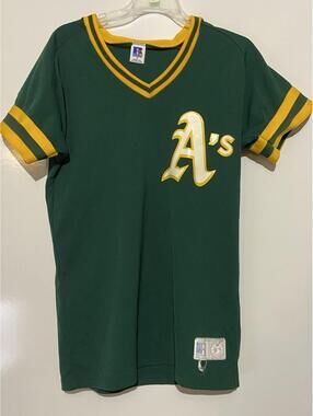 Mens RUSSELL ATHLETIC Green Vintage Oakland A's Batting Jersey Sz S
